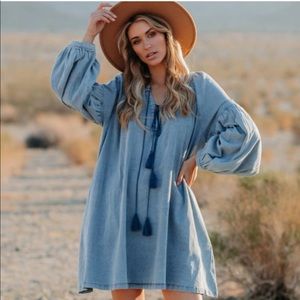 Vici /// Holmes Pocketed Chambray Tassel Dress
